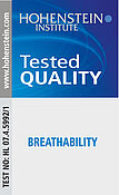 <p>Quality seal "breathable", tested by the Hohenstein Institute. The resistance to water vapour transmission is measured - this is the basis for the wearing comfort rating for cleanroom fabrics. This value can be found in the technical data of the respective fabrics.</p>